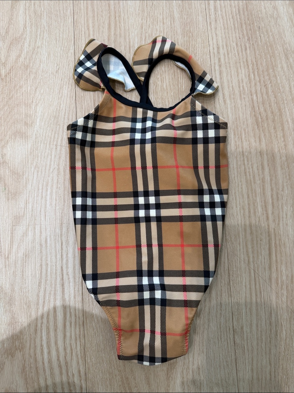 Burberry Tan Plaid Kids Swimsuit with Black Trim